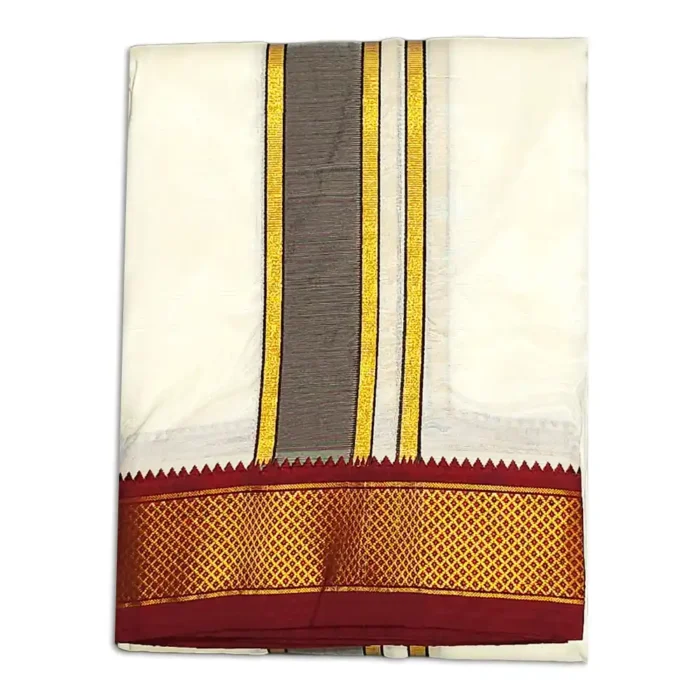 9 Kan Art Silk MayilKan Cream Colour Dhoti - Image 1