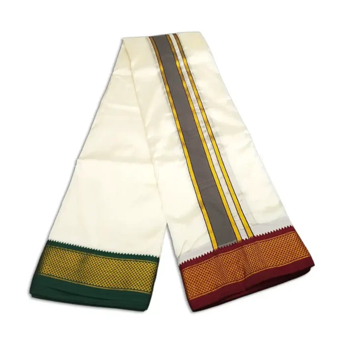 9 Kan Art Silk MayilKan Cream Colour Dhoti - Image 3