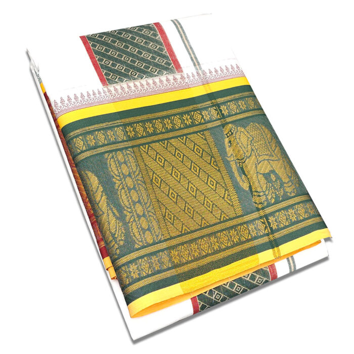 Elephant Designed 10" Border Self White Dhoti 9X5 - Image 1