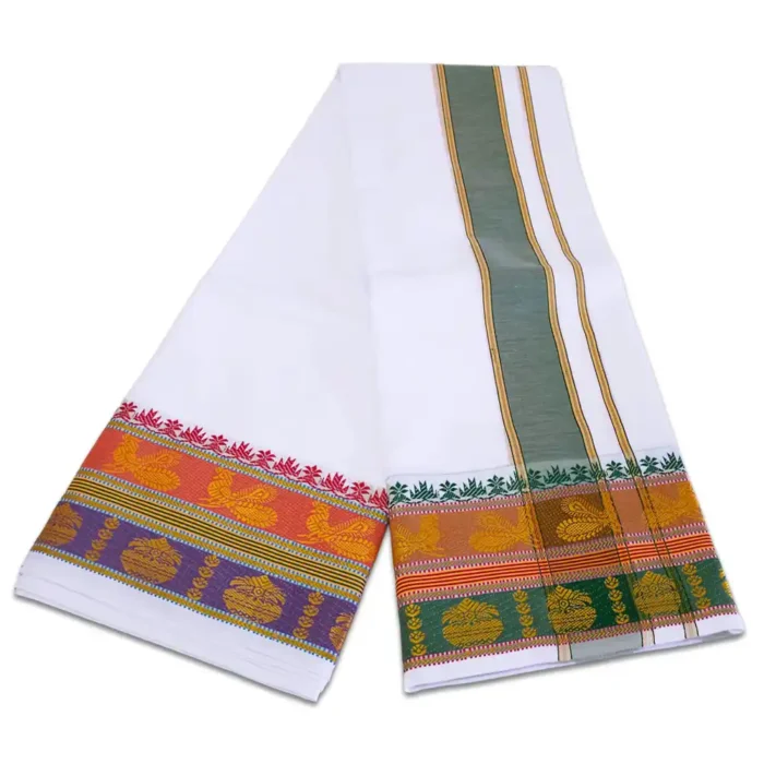 Peacock Deisgned 7" Border White Dhoti 9X5 - Image 2