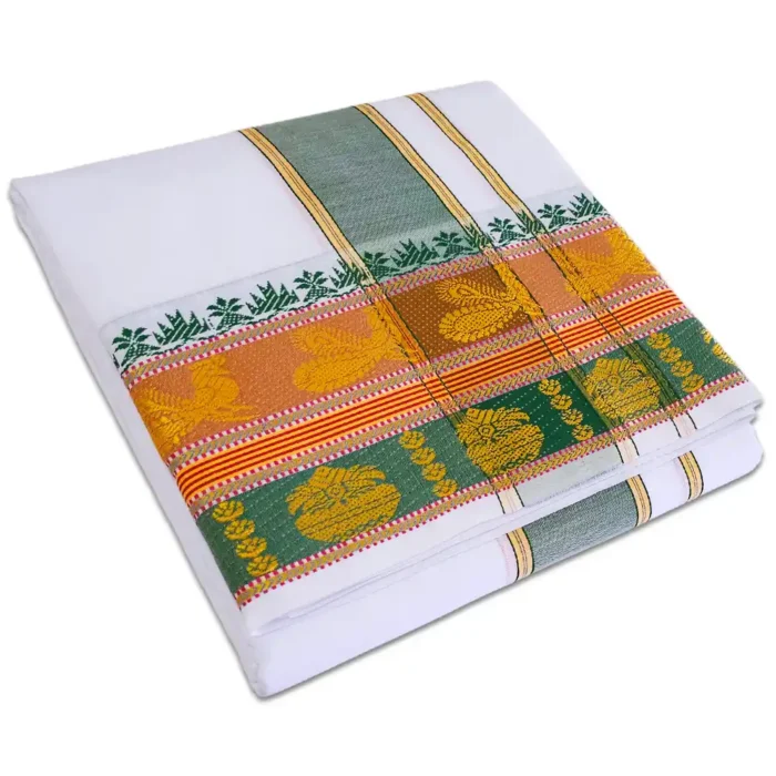 Peacock Deisgned 7" Border White Dhoti 9X5 - Image 1
