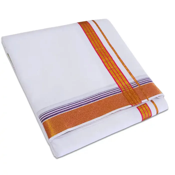Fancy Diamond Designed 2″ Border White Dhoti - Image 1