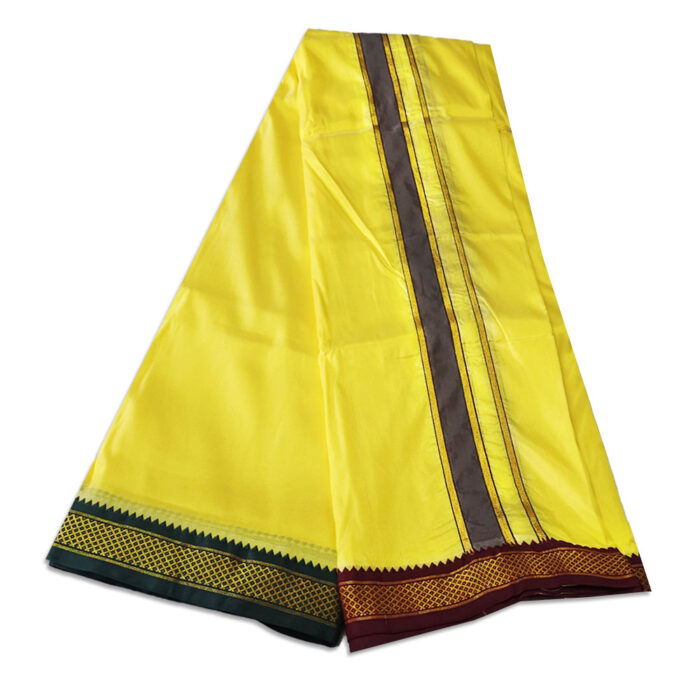 Lemon Yellow Colour art Silk MayilKan Colour Dhoti - Image 3