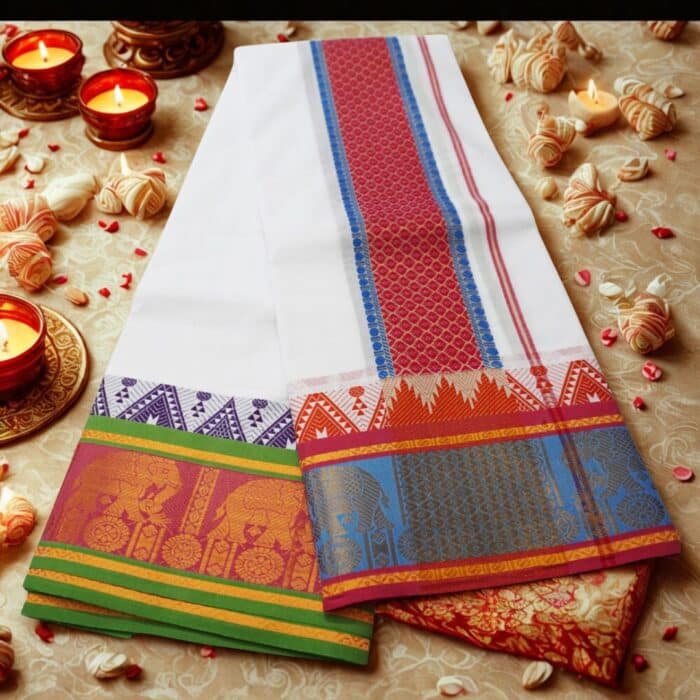 Elephant Designed 7" Border Self White Premium quality Dhoti 9X5 - Image 2