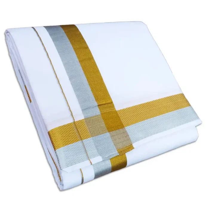 2 Inch Silver Gold Half & Half Zari Border White Dhoti - Image 1