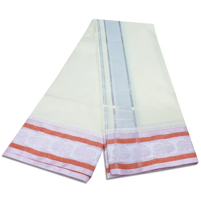 Tissue Peacock Designed 5 Inch Border Half White Dhoti - Image 2