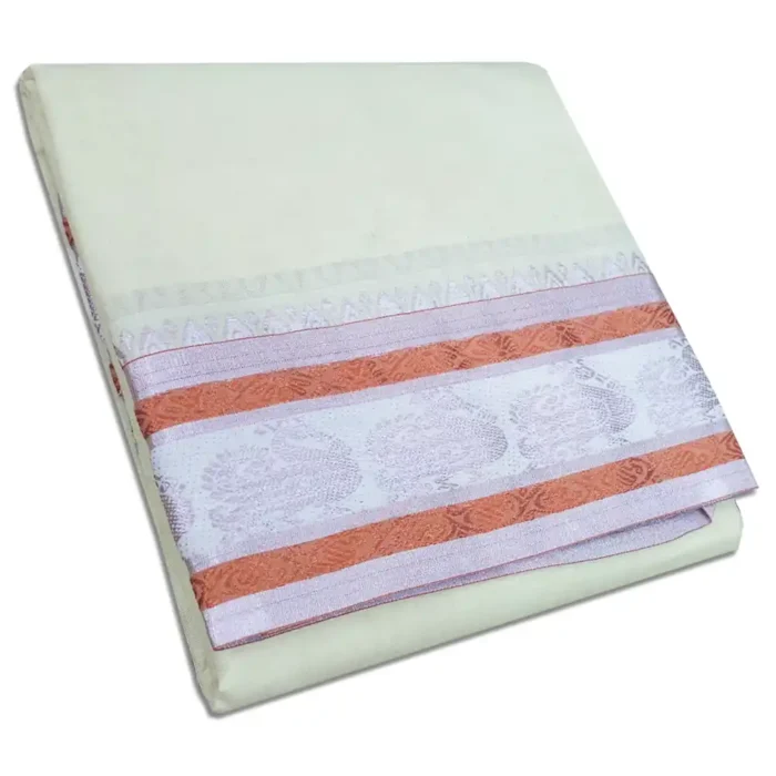 Tissue Peacock Designed 5 Inch Border Half White Dhoti - Image 1