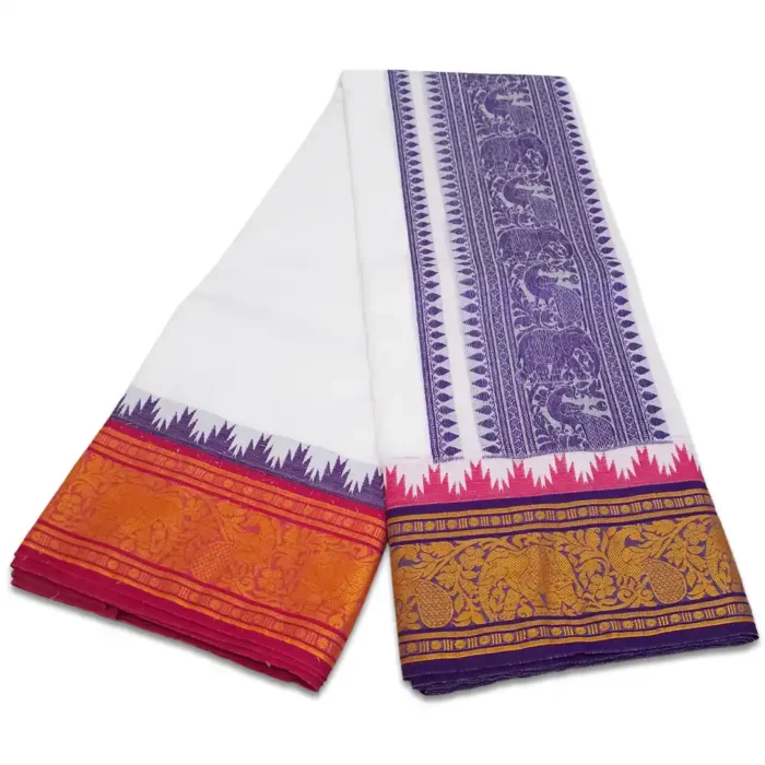 Elephant Peacock Designed Embose White Cotton Dhoti with Towel 9X5 - Image 2