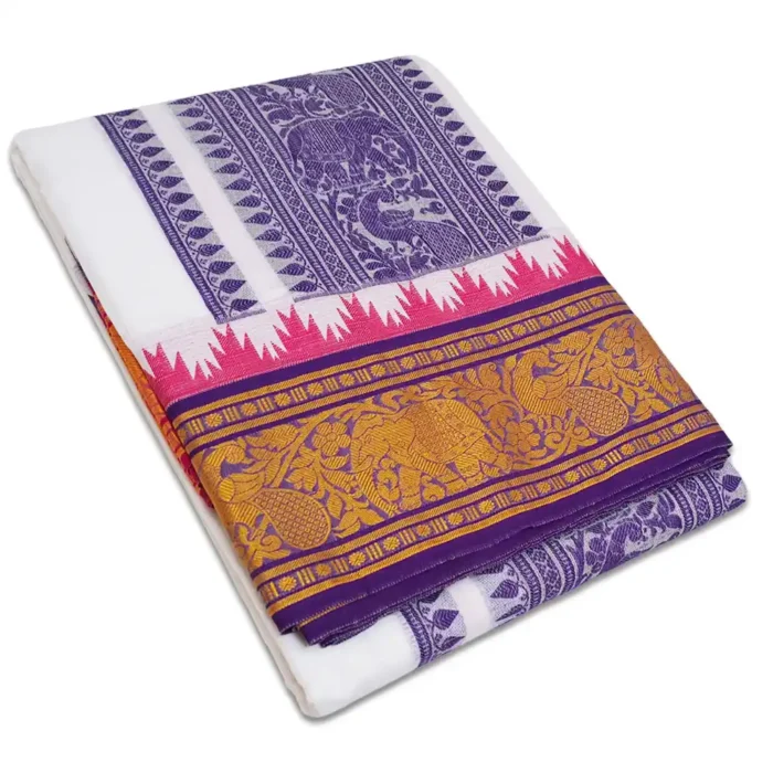 Elephant Peacock Designed Embose White Cotton Dhoti with Towel 9X5 - Image 1