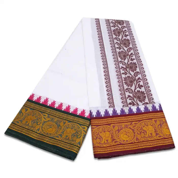 Peacock Elephant Designed Embose White Cotton Dhoti with Towel 9X5 - Image 2