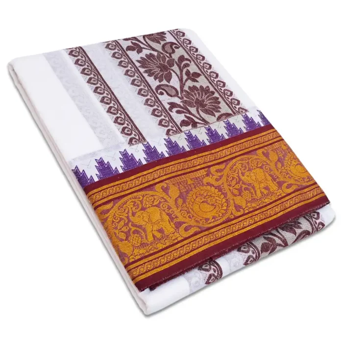 Peacock Elephant Designed Embose White Cotton Dhoti with Towel 9X5 - Image 1