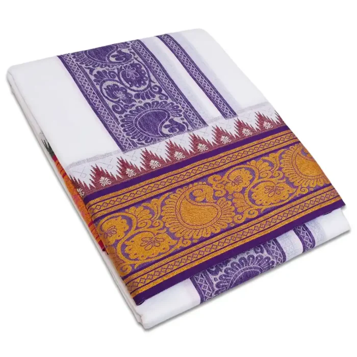 Flower Designed Embose White Cotton Dhoti with Towel 9X5 - Image 1