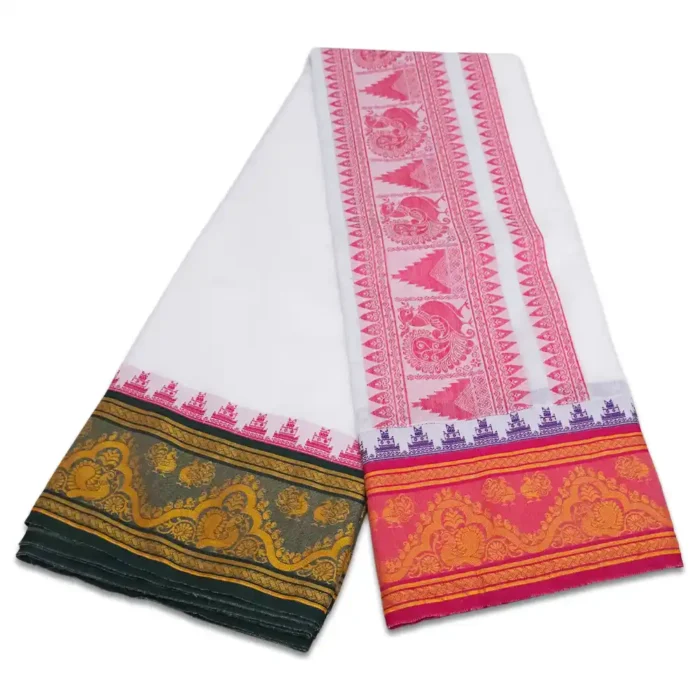 Peacock Designed Embose White Cotton Dhoti with Towel 9X5 - Image 2