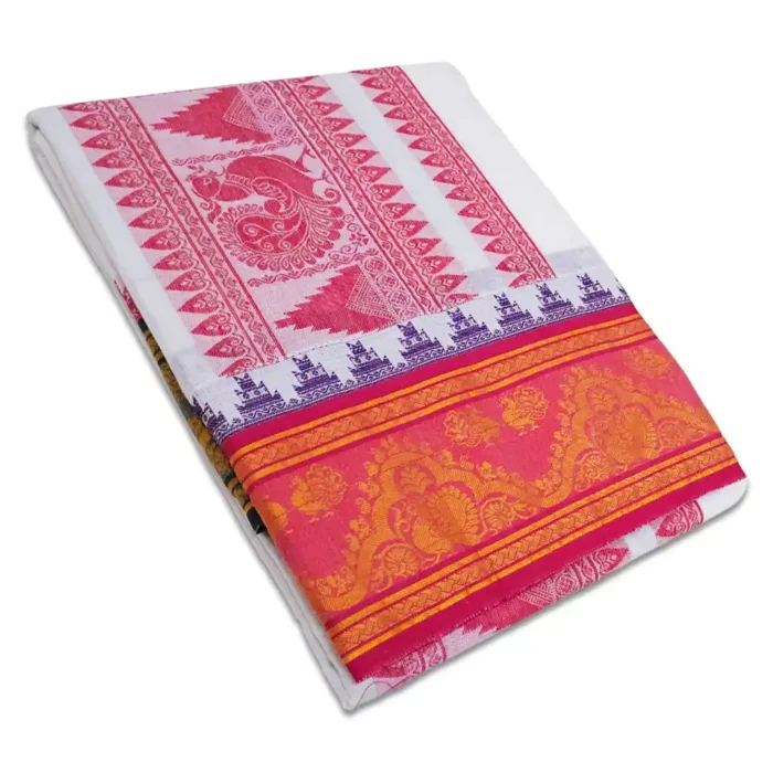 Peacock Designed Embose White Cotton Dhoti with Towel 9X5 - Image 1