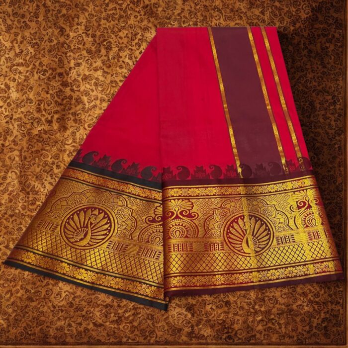 Red Colour Karishma Soft Silk 9 Inch Border Premium Quality Dhoti - Image 2
