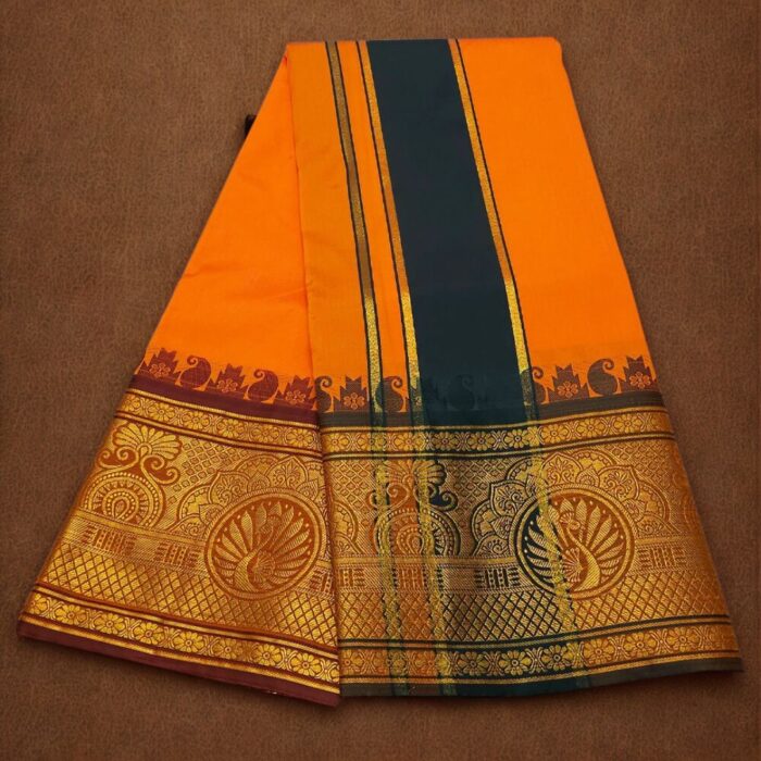 Orange Colour Karishma Soft Silk 9 Inch Border Premium Quality Dhoti - Image 2