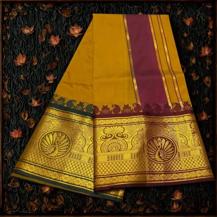 Mustard Colour Karishma Soft Silk 9 Inch Border Premium Quality Dhoti - Image 2
