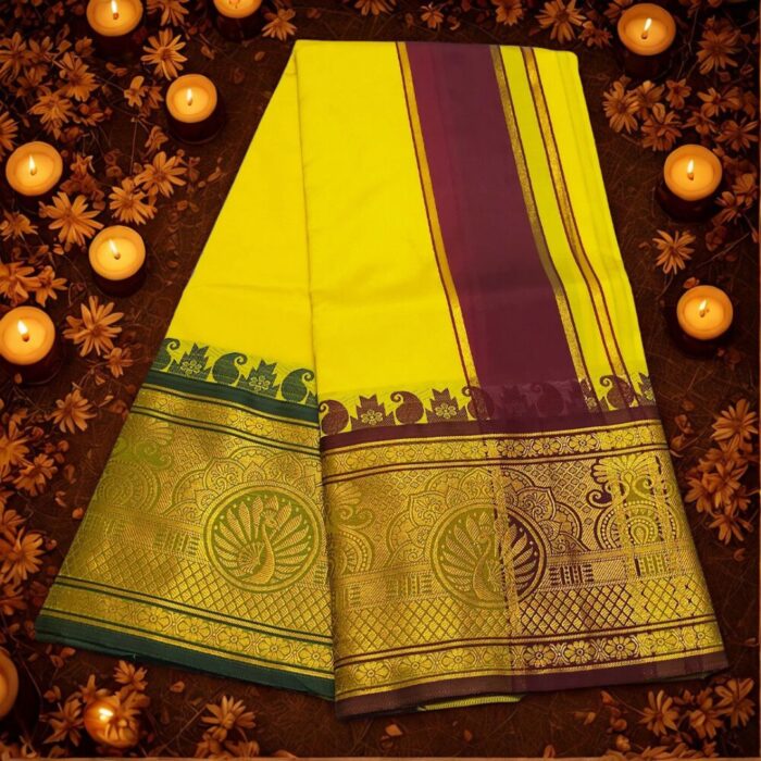 Yellow Colour Karishma Soft Silk 9 Inch Border Premium Quality Dhoti - Image 2