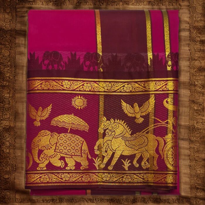 Magenta Colour Karishma Soft Silk 9 Inch Border Premium Quality Dhoti - Image 3