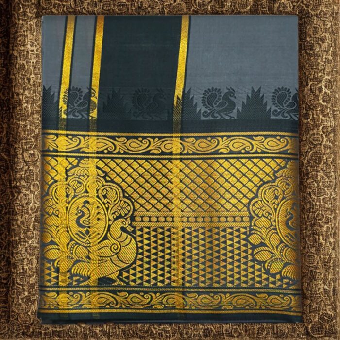 Grey Colour Karishma Soft Silk 9 Inch Border Premium Quality Dhoti - Image 3