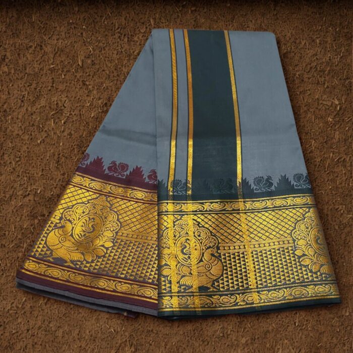 Grey Colour Karishma Soft Silk 9 Inch Border Premium Quality Dhoti - Image 2