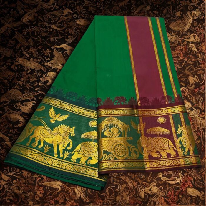 Green Colour Karishma Soft Silk 9 Inch Border Premium Quality Dhoti - Image 2