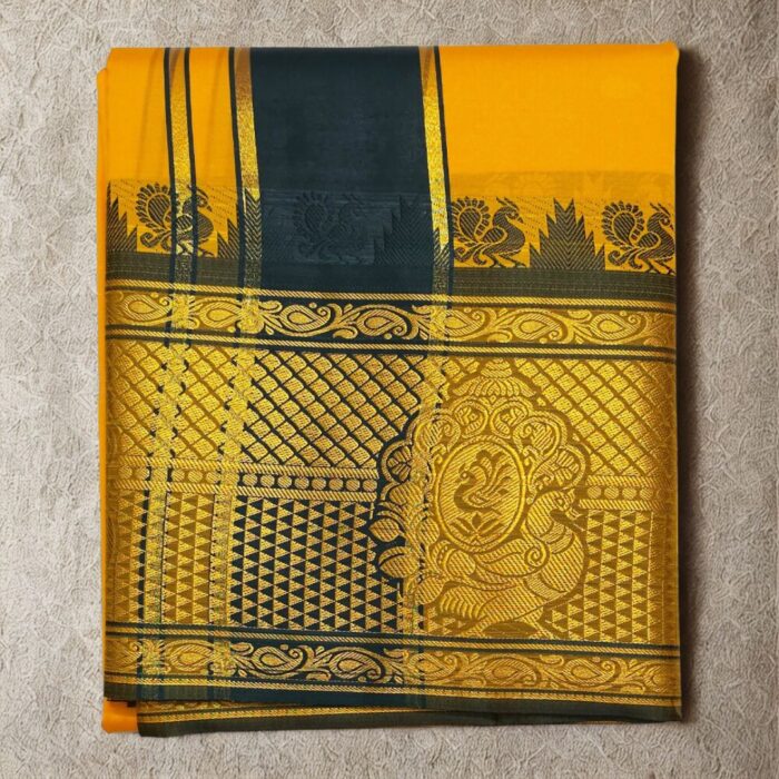 Mango Colour Karishma Soft Silk 9 Inch Border Premium Quality Dhoti - Image 3