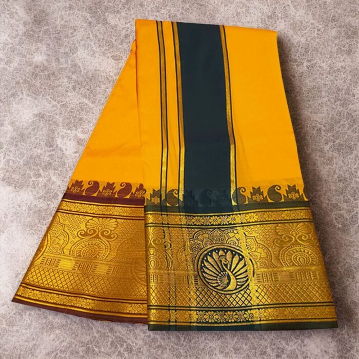 Mango Colour Karishma Soft Silk 9 Inch Border Premium Quality Dhoti - Image 2