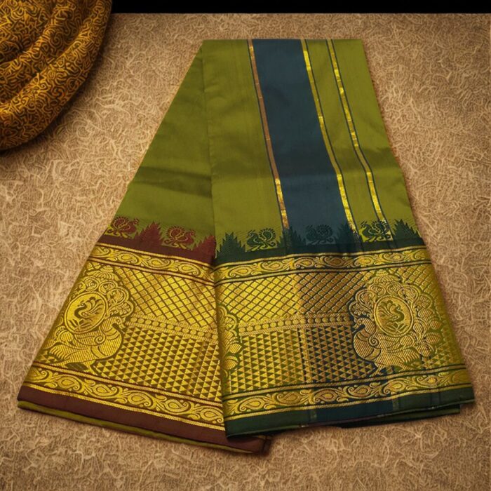 Army Green Colour Karishma Soft Silk 9 Inch Border Premium Quality Dhoti - Image 2