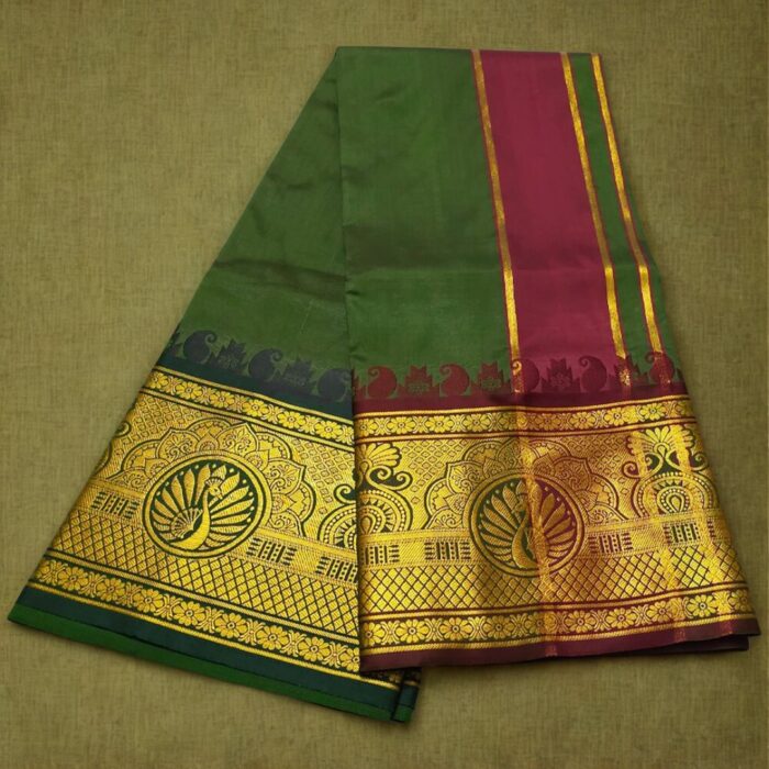 Dark Green Colour Karishma Soft Silk 9 Inch Border Premium Quality Dhoti - Image 2