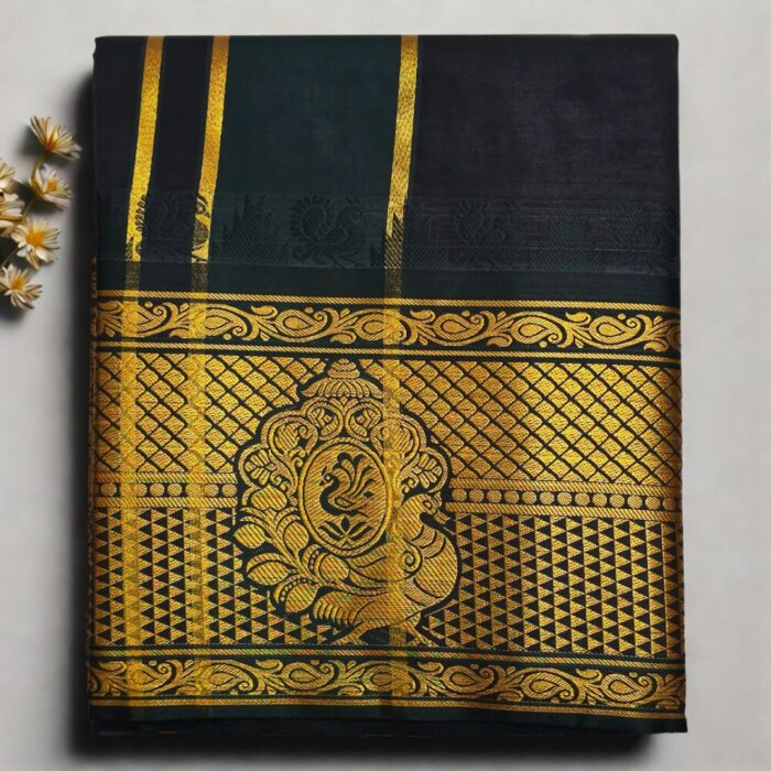 Black Colour Karishma Soft Silk 9 Inch Border Premium Quality Dhoti - Image 3