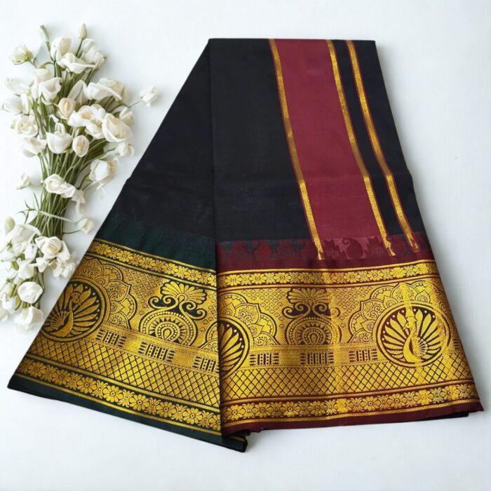 Black Colour Karishma Soft Silk 9 Inch Border Premium Quality Dhoti - Image 2