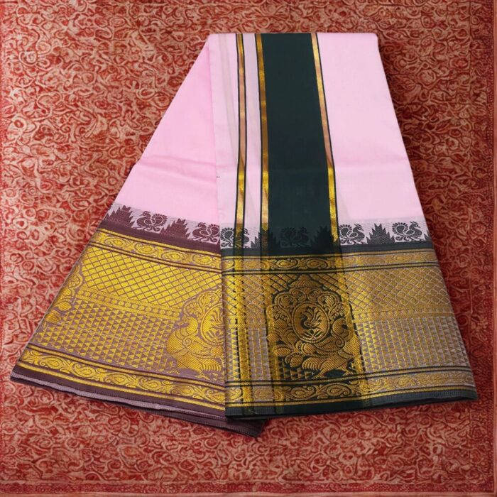 Baby Pink Colour Karishma Soft Silk 9 Inch Border Premium Quality Dhoti - Image 2