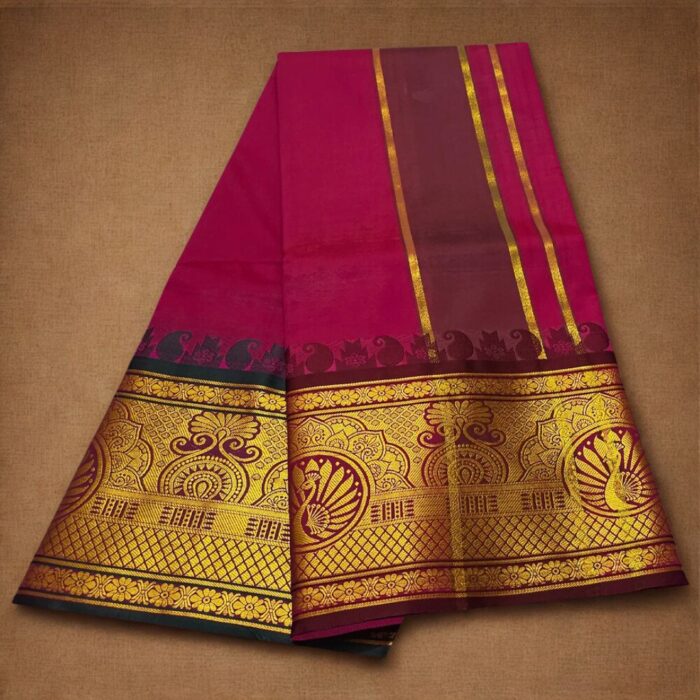 Magenta Colour Karishma Soft Silk 9 Inch Border Premium Quality Dhoti - Image 2