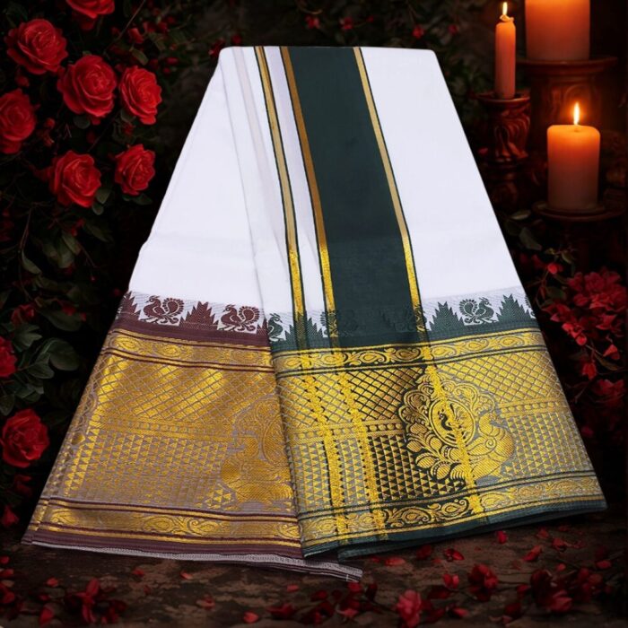 White Colour Karishma Soft Silk 9 Inch Border Premium Quality Dhoti - Image 2