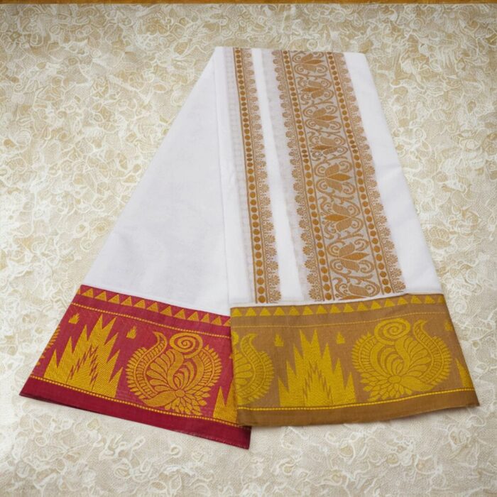 Dual Flower Designed Embose white Premium Quality Cotton Dhoti 9X5 - Image 2
