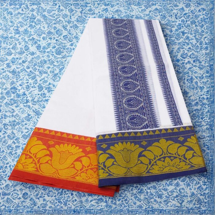 Lotus Designed Embose white Premium Quality Cotton Dhoti 9X5 - Image 2