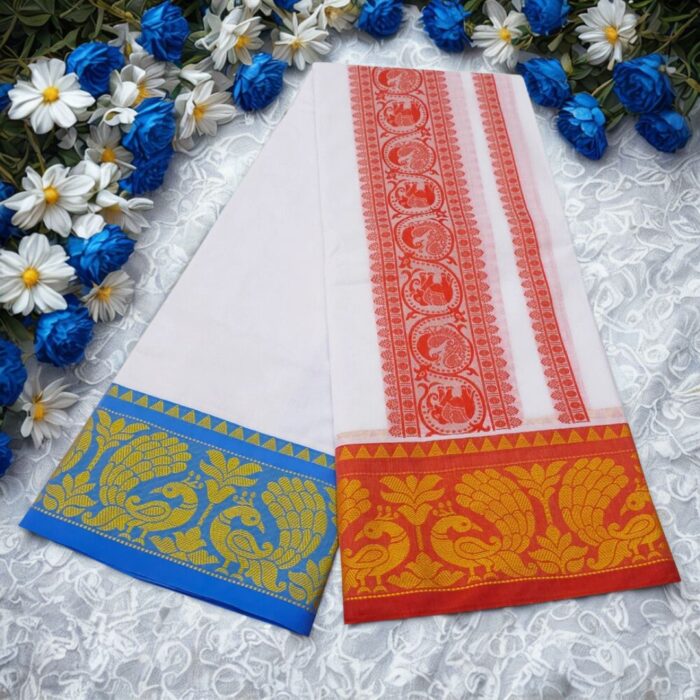 Peacock Designed Embose white Premium Quality Cotton Dhoti 9X5 - Image 2