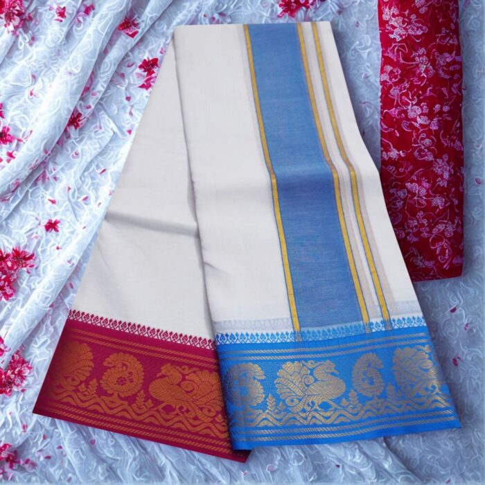 Pure Cotton Dhoti with Blue and Rose Border Best Quality - Image 2
