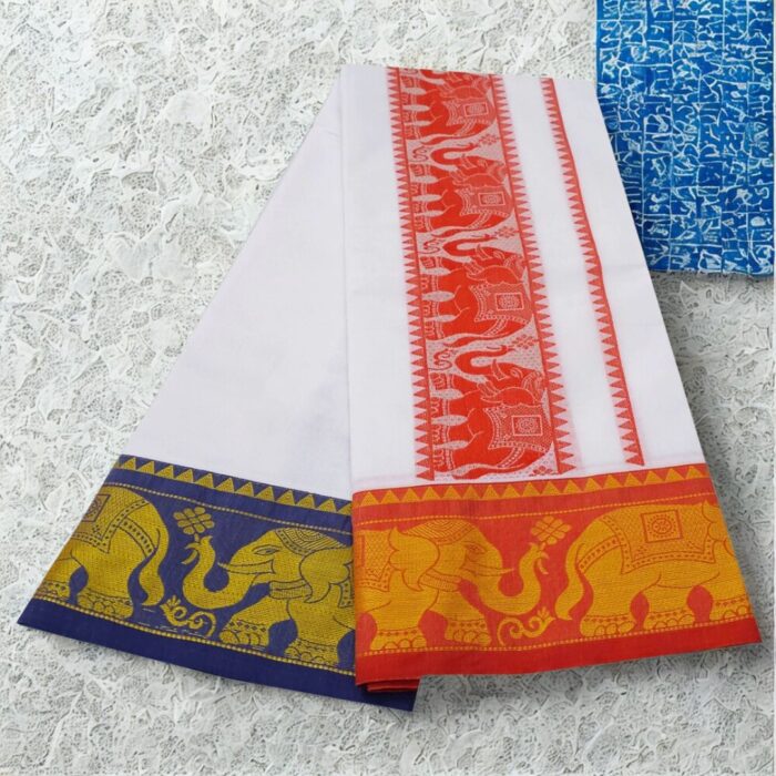 Elephant Design Embose white Premium Quality Cotton Dhoti 9X5 - Image 2