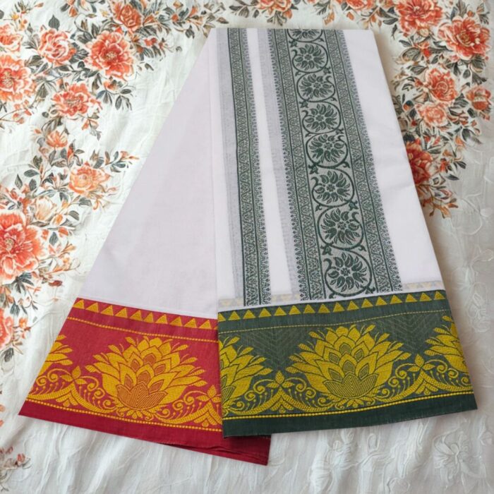 Flower Designed Embose white Premium Quality Cotton Dhoti 9X5 - Image 2