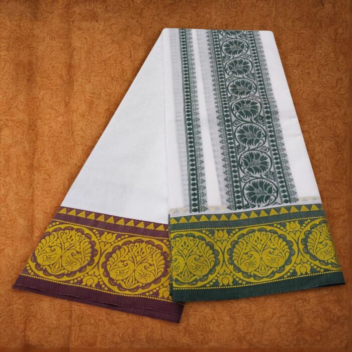 Flower Designed Embose white Premium Quality Cotton Dhoti 9X5 - Image 2