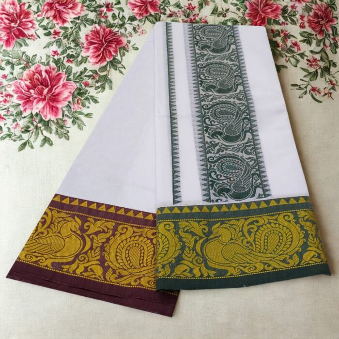 Peacock Design Embose white Premium Quality Cotton Dhoti 9X5 - Image 2