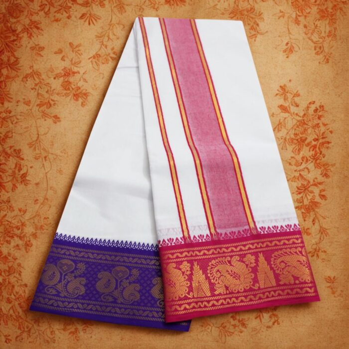 Pure Cotton Dhoti with Rose and Violet Border Best Quality - Image 2