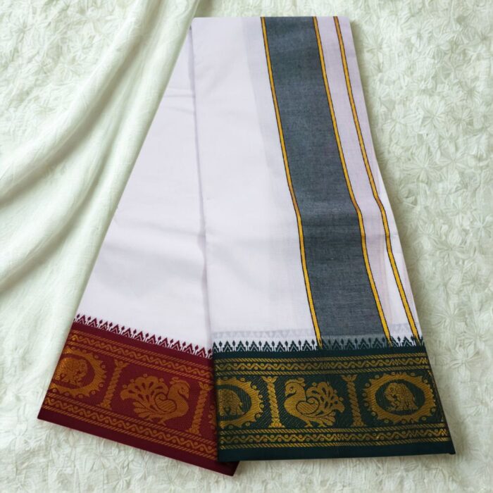 Pure Cotton Dhoti with Green and Maroon Border Best Quality - Image 3