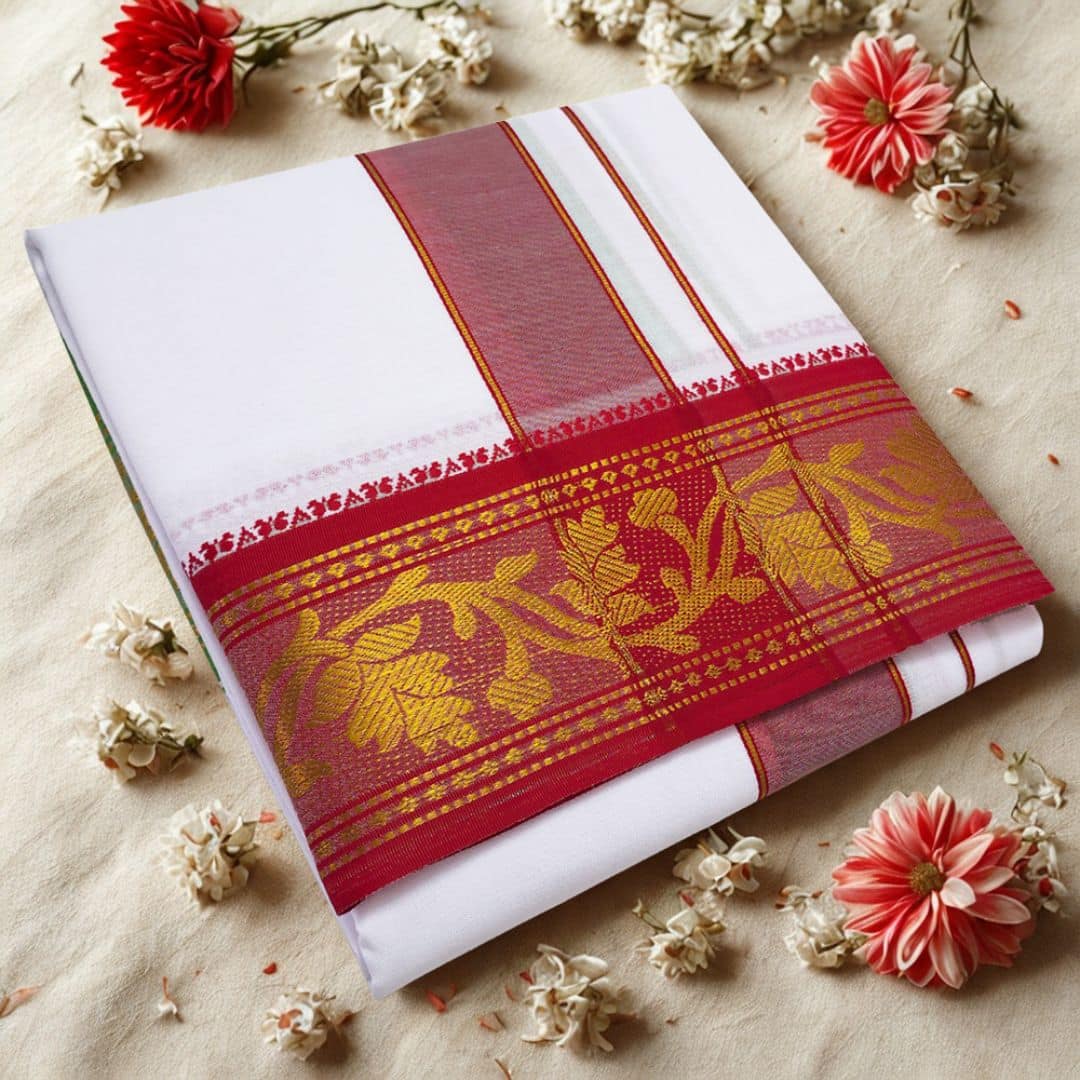 38 Pure Cotton Dhoti Premium Quality with Red and Matching Border - Image 1