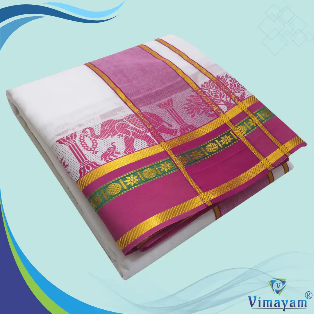 7 Shot Design5-2 Temple Border White Premium Quality Dhoti 9X5 - Image 1