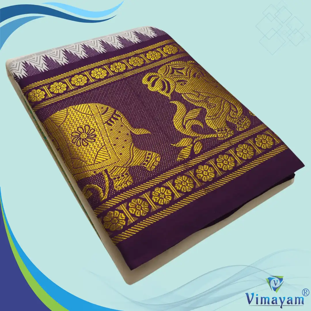 Single Elephant Elephant Designed Jaquad 11" Border Best Quality Dhoti - Image 1