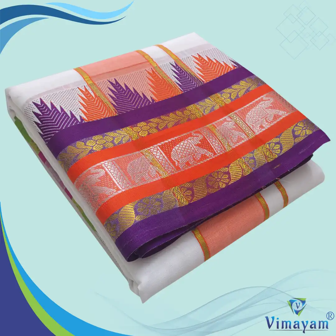 Meena New Salavai Double Colour Temple Border Premium Quality Cotton Dhoti(Assorted Borders and Colours) - Image 1